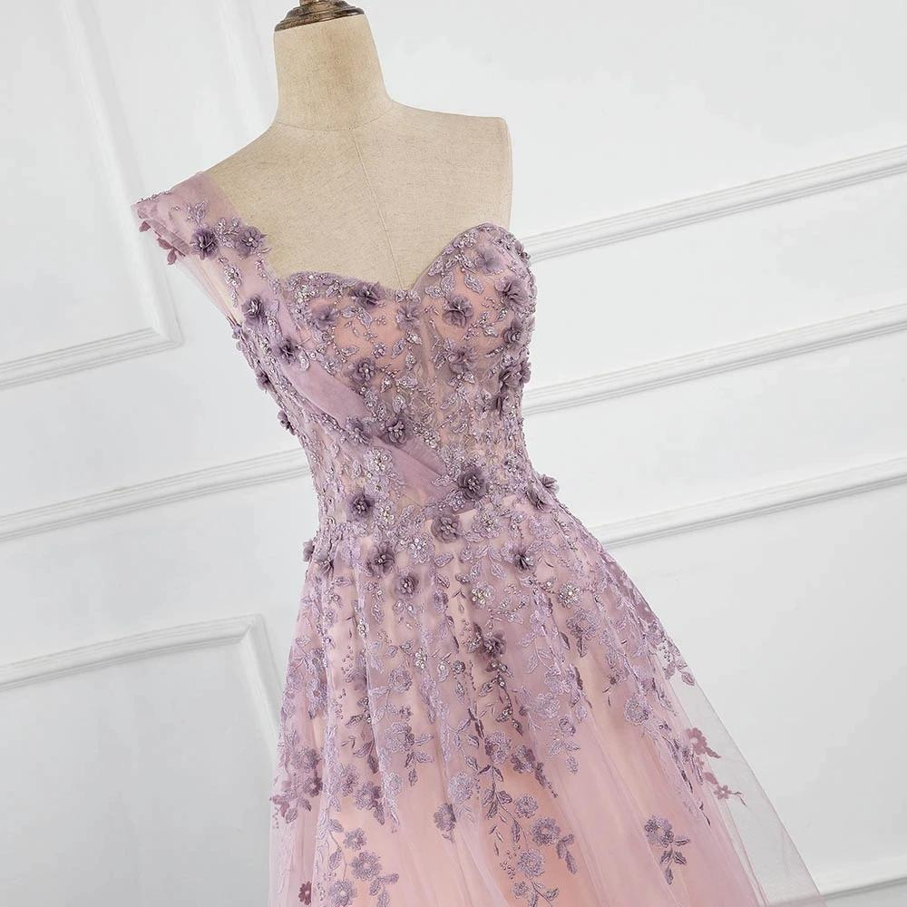 One-Shoulder-Tüll ärmellose lange Ballkleider Spitzeapplikationen wulstige formale Mädchen-Partei-Kleid gh2277