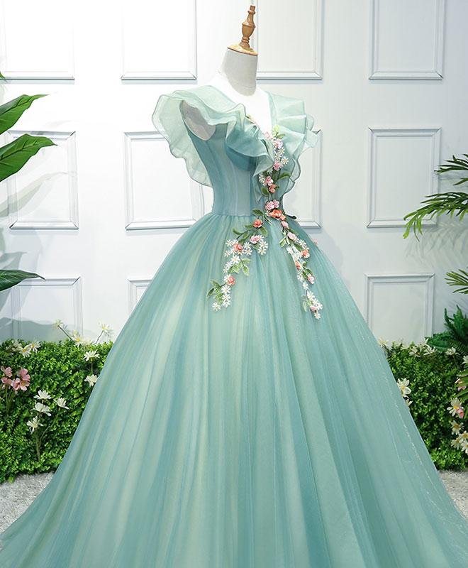 Grünes langes Ballkleid aus Tüll mit V-Ausschnitt, formelle Kleider, grünes Abendkleid gh2194