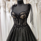Tüll schwarz Applikation Perlen A-Linie Maxi Korsett Kleid Partykleid schulterfreies Kleid Ballkleid elegantes Abendkleid gh2106