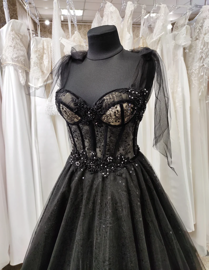 Tüll schwarz Applikation Perlen A-Linie Maxi Korsett Kleid Partykleid schulterfreies Kleid Ballkleid elegantes Abendkleid gh2106