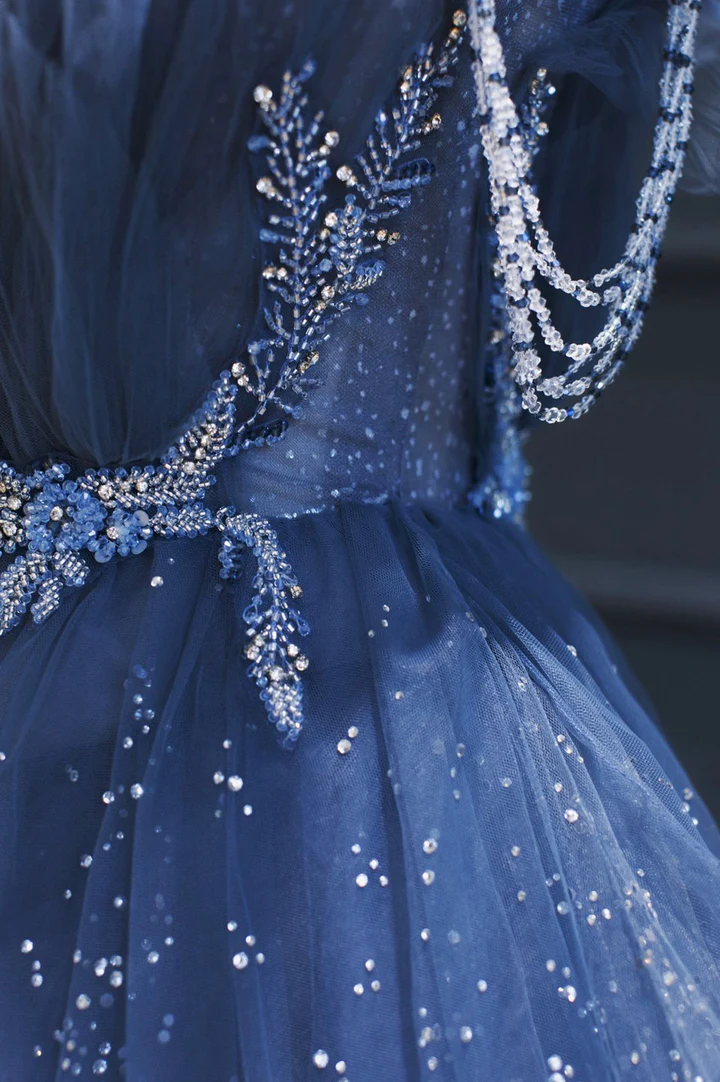 Blue gorgeous tulle beaded long A-line ball gown evening dress gh2105