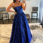 Blau A-Linie Tüll langes Ballkleid mit Pailletten, blaues Tüll Abendkleid gh2213