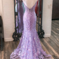 Lavendel-Blumenapplikationen Split Neck Mermaid Langes Abendkleid gh2595