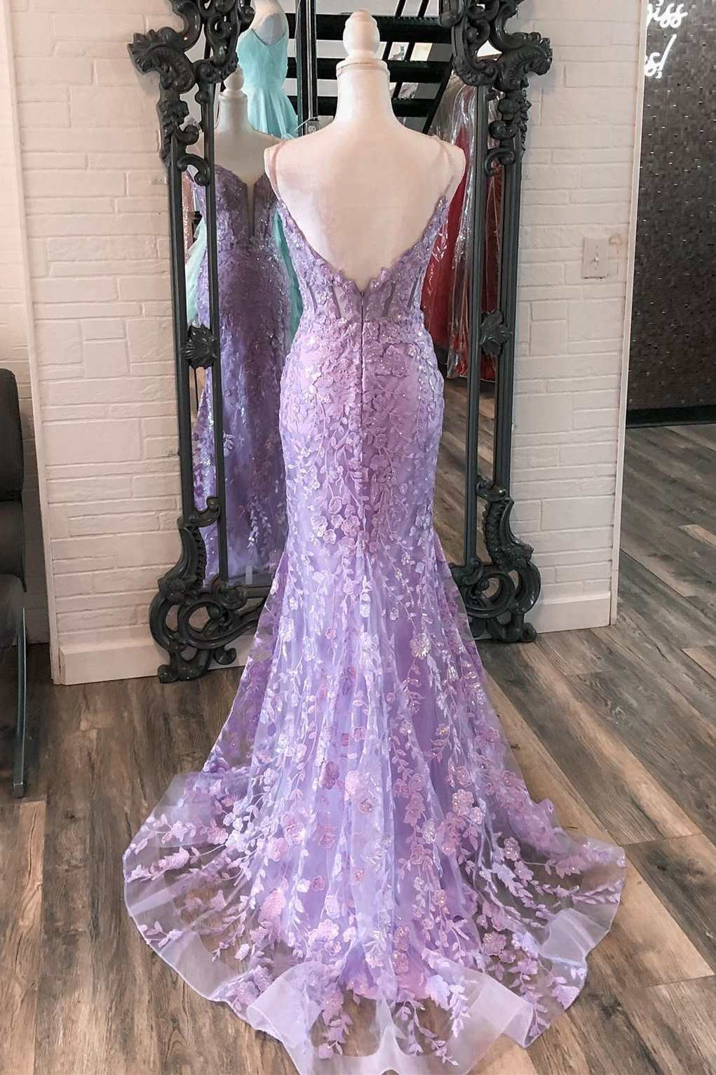 Lavendel-Blumenapplikationen Split Neck Mermaid Langes Abendkleid gh2595