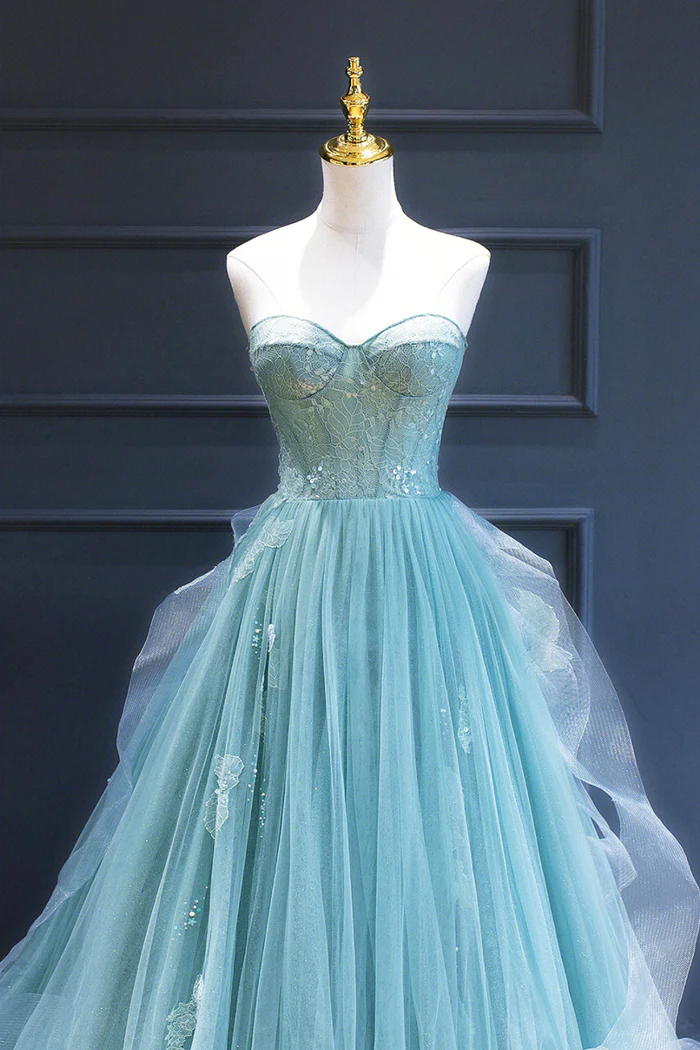 Green Lace Tulle A-Line Long Formal Dress, Green Strapless Evening Dress gh2581