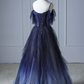 Blaues, wunderschönes, glänzendes Perlen-Spaghettiträger-Tüll-Abendkleid mit Farbverlauf und langen Ärmeln gh2580