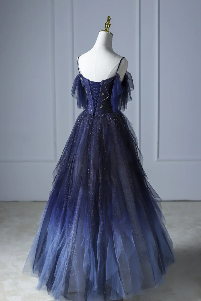 Blaues, wunderschönes, glänzendes Perlen-Spaghettiträger-Tüll-Abendkleid mit Farbverlauf und langen Ärmeln gh2580