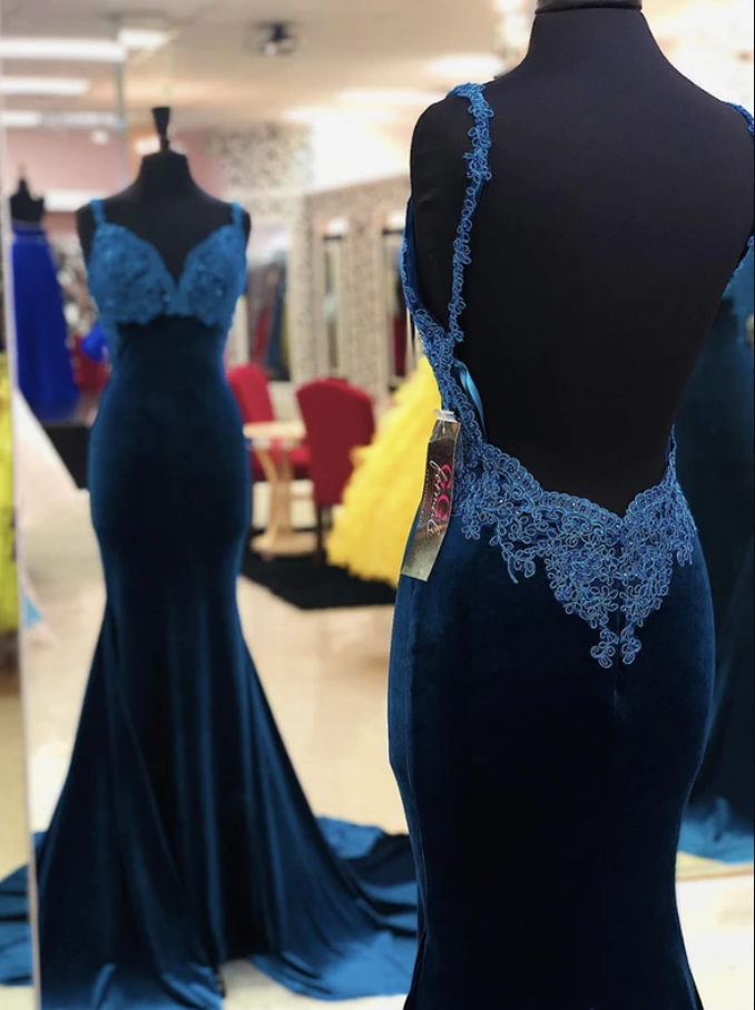 Sexy Mermaid Spaghettiträger Marineblau Langes Abschlussball/Abendkleid Applikationen gh2658