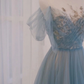 A-Line Scoop Neckline Tulle Gray Blue Long Prom Dress with Sequin gh2638
