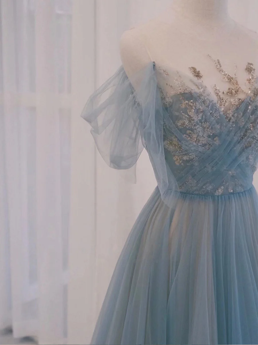 A-Line Scoop Neckline Tulle Gray Blue Long Prom Dress with Sequin gh2638