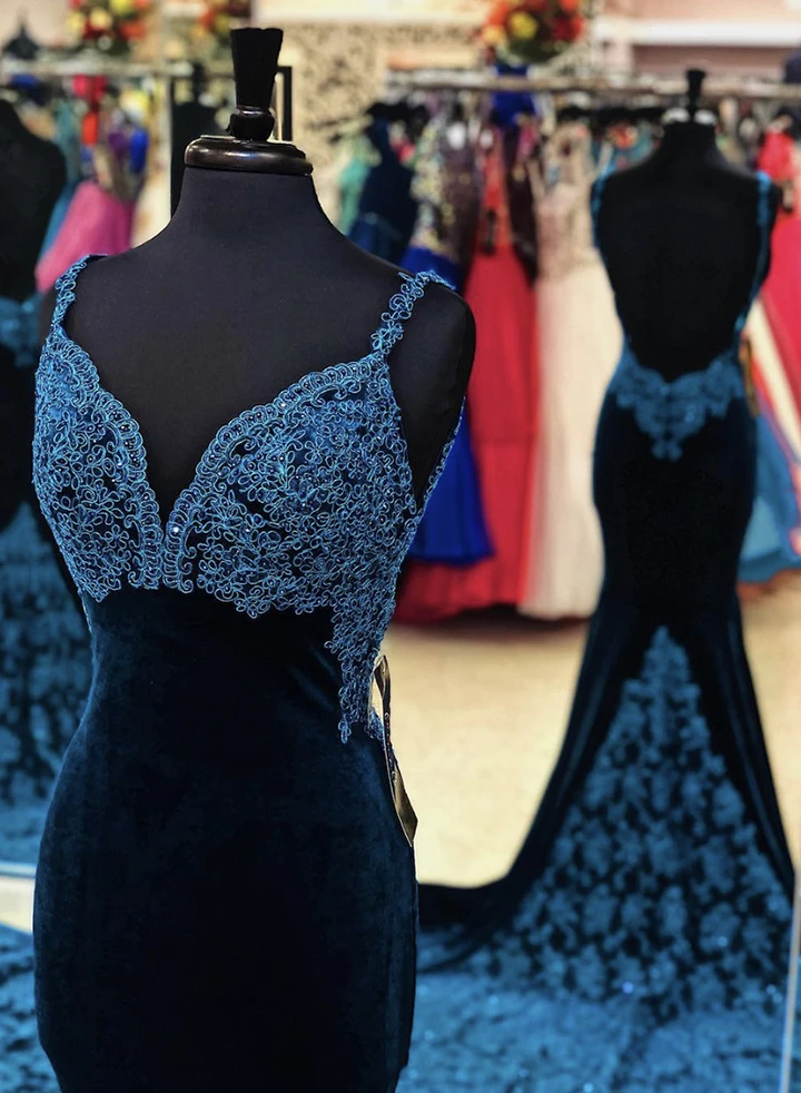 Sexy Mermaid Spaghettiträger Marineblau Langes Abschlussball/Abendkleid Applikationen gh2658
