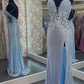 Straps Light Blue Elegant Sheath Evening Dresses Sequins Appliques Long Prom Dresses gh2655