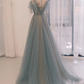 A-Line Scoop Neckline Tulle Gray Blue Long Prom Dress with Sequin gh2638