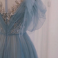 A-Line Scoop Neckline Tulle Gray Blue Long Prom Dress with Sequin gh2638
