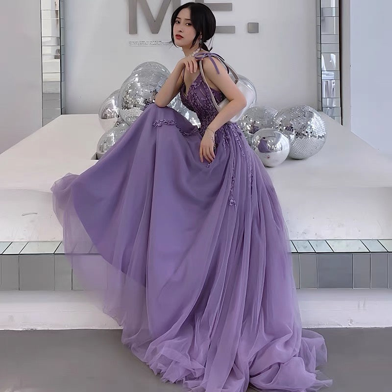 Lila Tüll Spitze langes Ballkleid A-Linie Abendkleid 10127