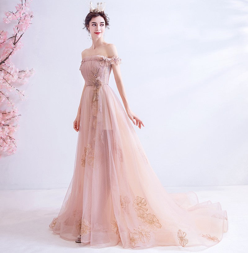 Rosa Tüll langes A-Linie Ballkleid Rosa Abendkleid 10129