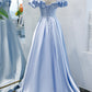Blue satin long A line prom dress blue evening dress  8746