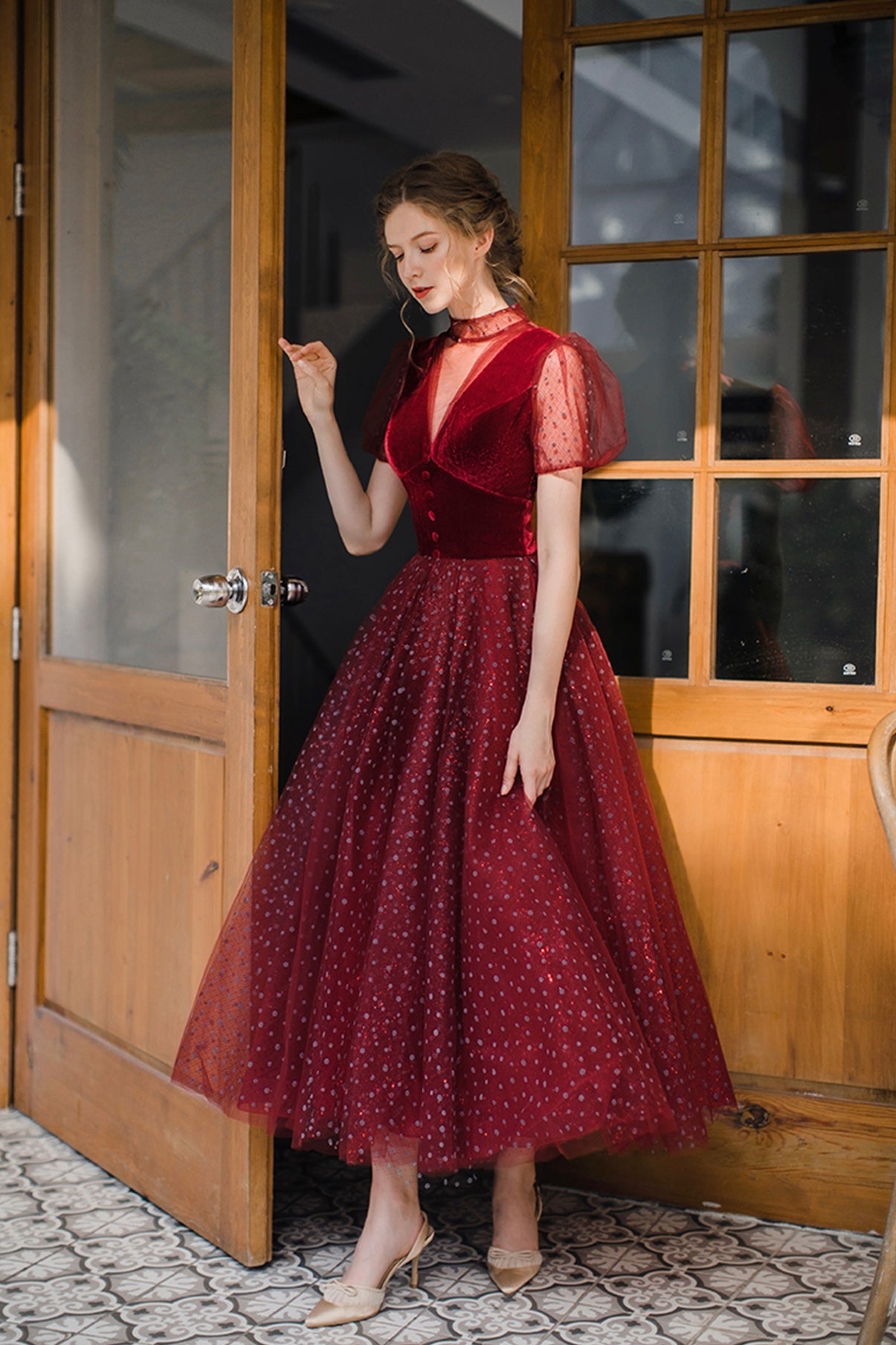 Burgund Tüll kurzes Ballkleid A-Linie Abendkleid 8647
