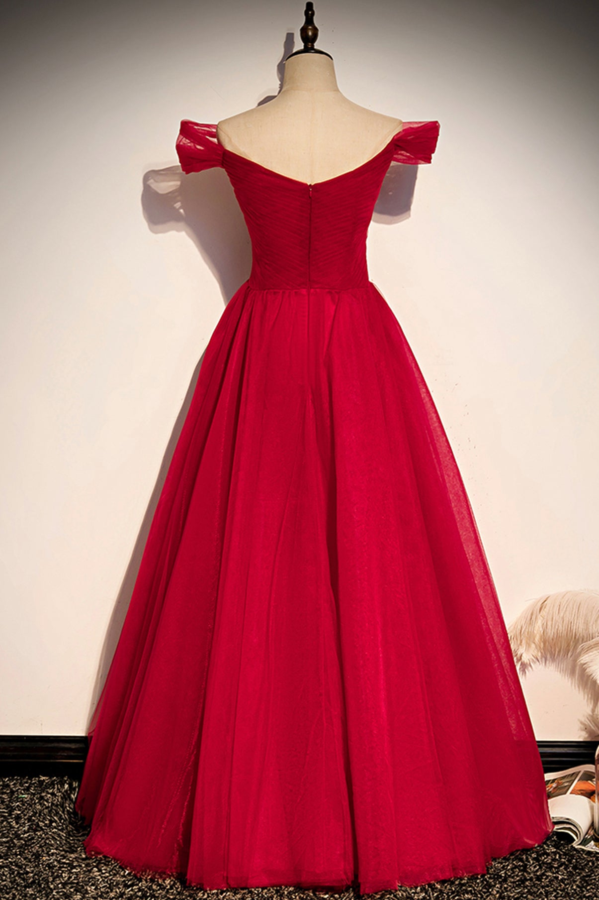 Red tulle long A line prom dress red evening dress  8639