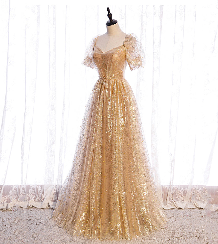 Gold Tüll Pailletten langes Ballkleid Abendkleid 8428
