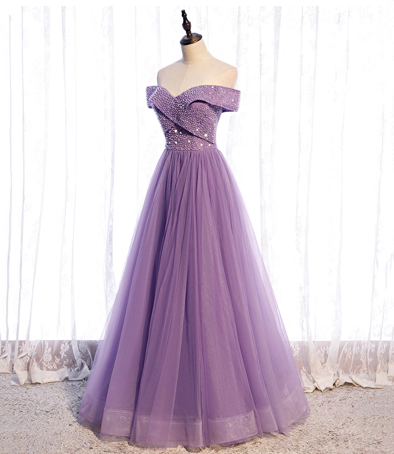 Lila Tüll Perlen lange A-Linie Ballkleid Abendkleid 8790