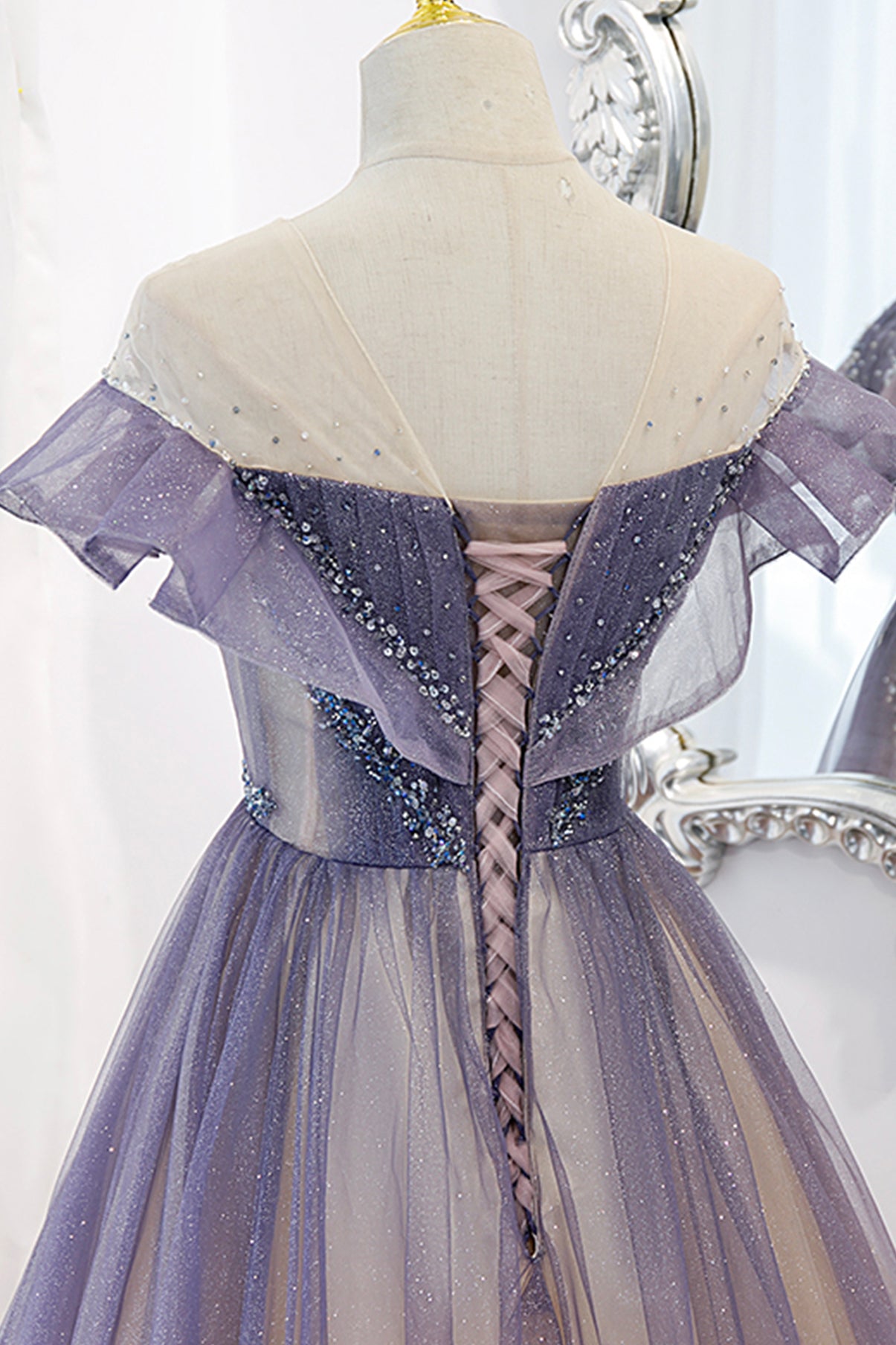 Purple tulle long A line prom dress evening dress  8733