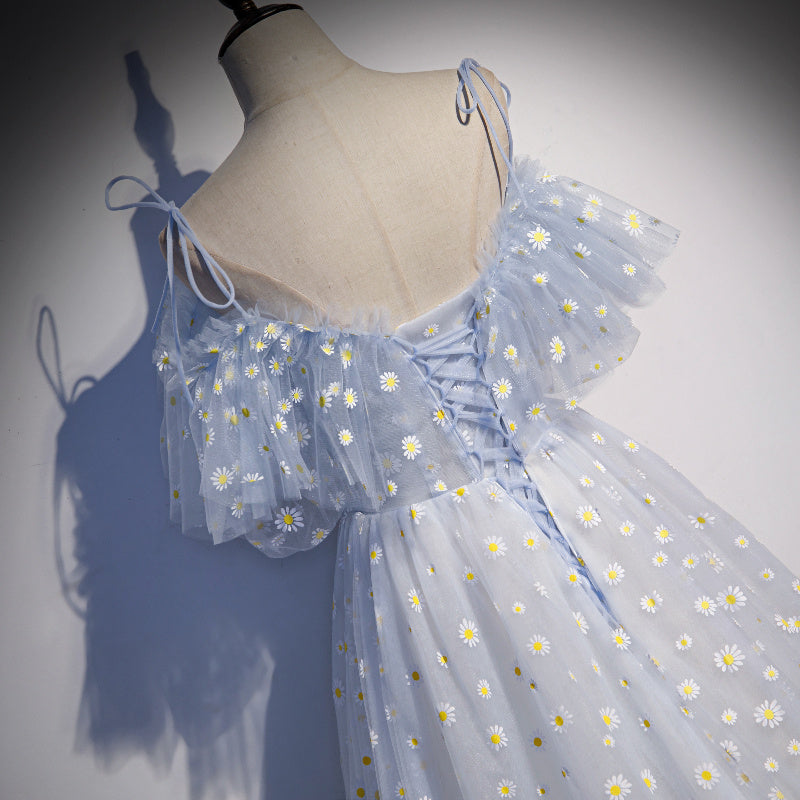 Robe de soirée longue en tulle bleu avec ligne A 8689