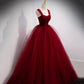 Burgundy tulle long ball gown dress evening dress  8978