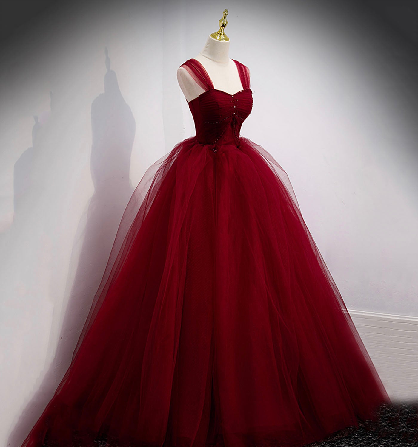Burgundy tulle long ball gown dress evening dress  8978