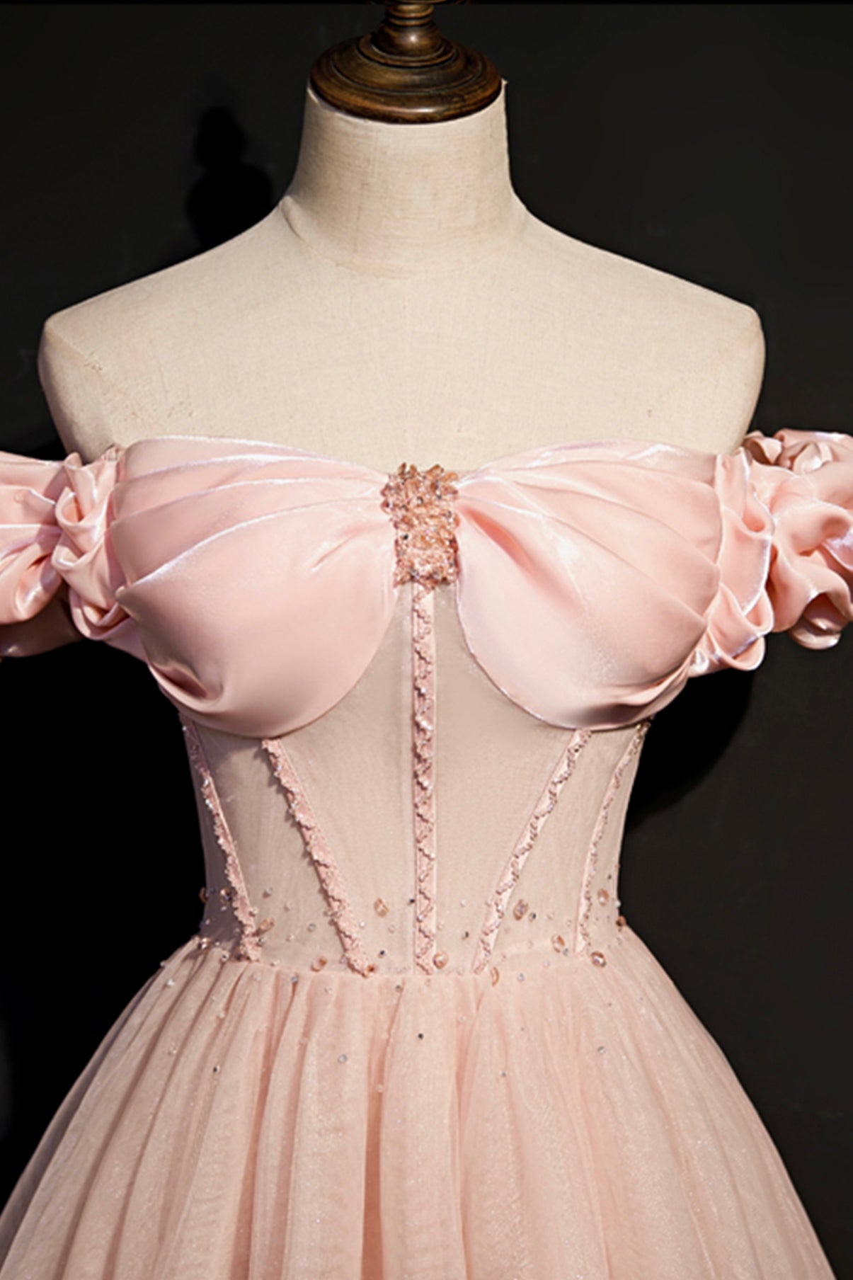 Robe de soirée longue en tulle rose avec ligne A 8693
