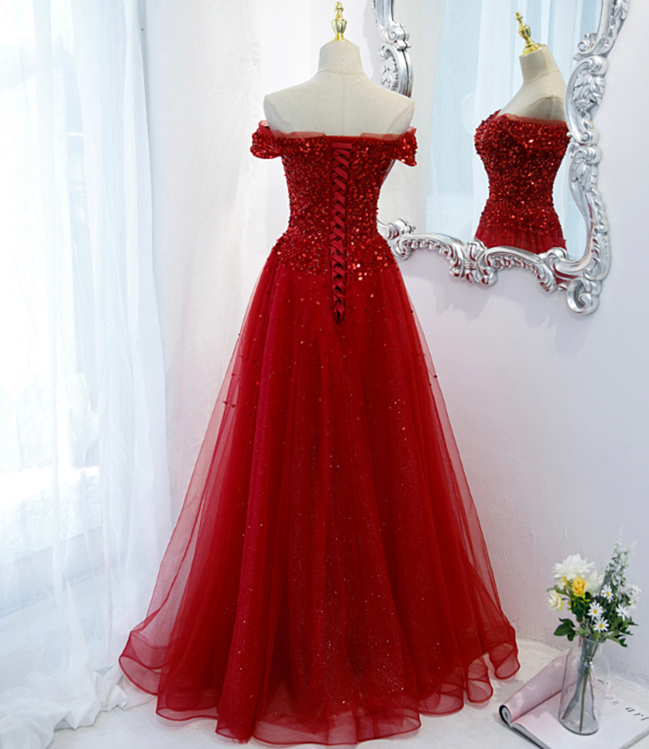 Langes Ballkleid aus rotem Tüll mit Pailletten, rotes Abendkleid 8987