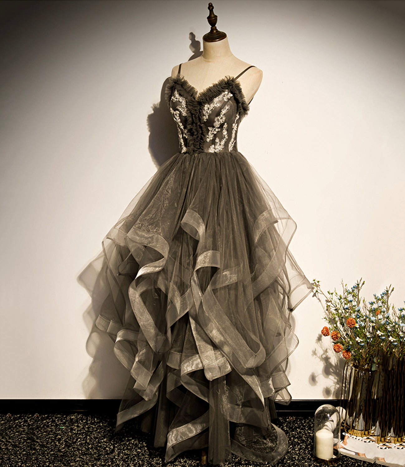 Robe de soirée longue en tulle gris 8824