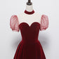 Cute velvet long prom dress burgundy A line evening dress  8652