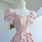 Pink satin long A line prom dress pink evening dress  8938