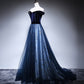 Blue velvet tulle long prom dress evening dress  8449