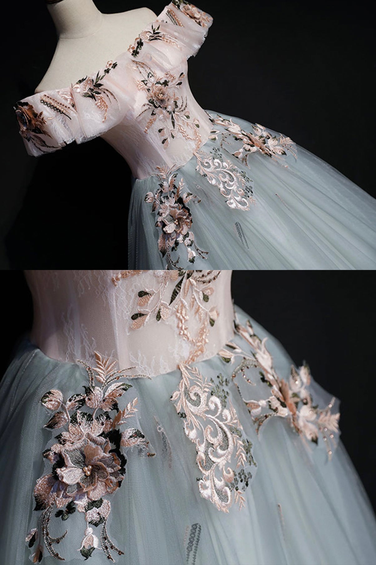 Graues Tüll-Spitzen-Ballkleid-Kleid, lang, formelles Kleid 8722