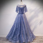 Blue tulle sequins long ball gown dress evening dress  8619