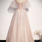 Robe de soirée longue en tulle rose avec ligne A 8707