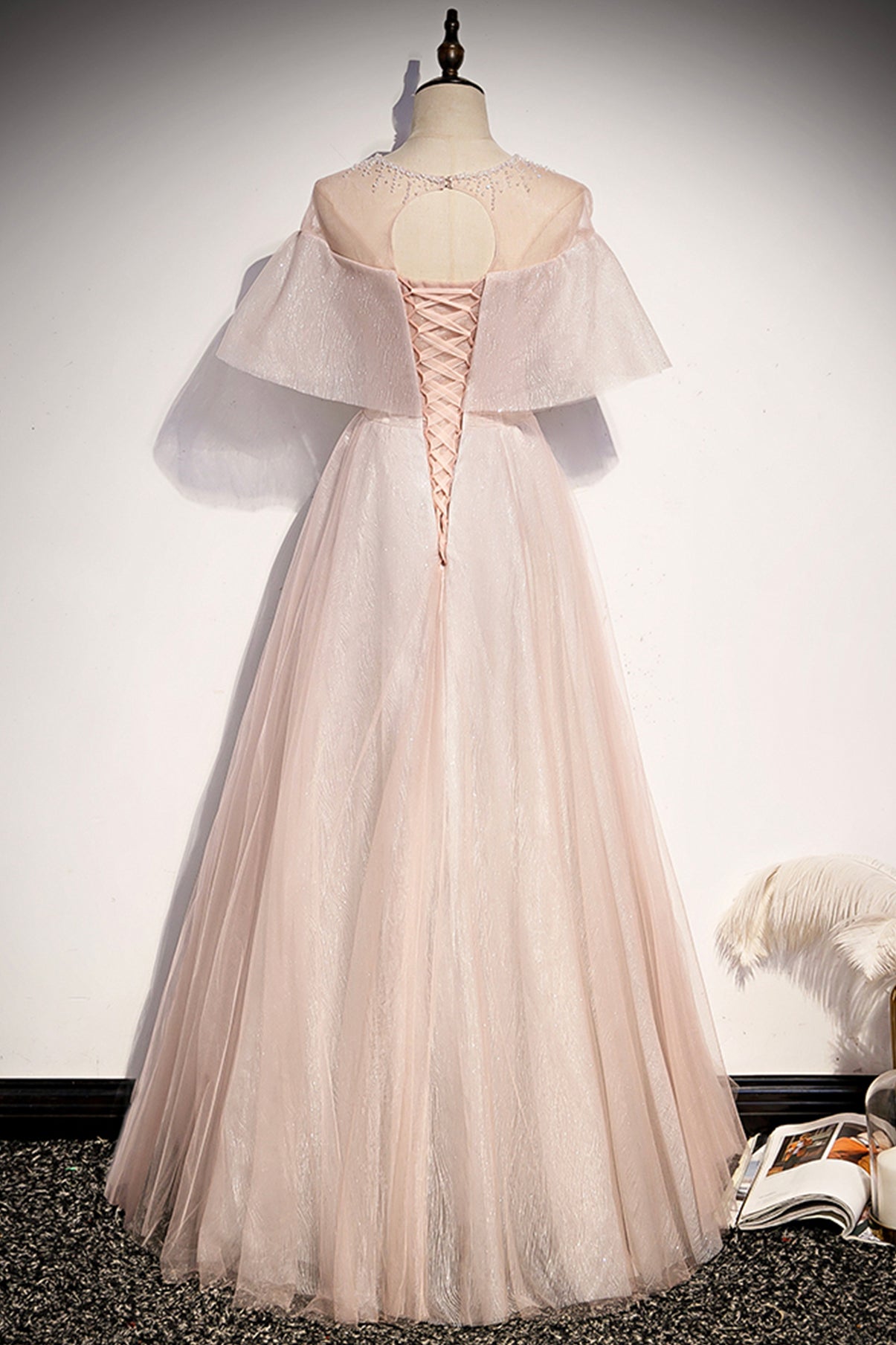 Robe de soirée longue en tulle rose avec ligne A 8707