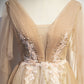 Champagne v neck lace long prom dress A line evening dress  8595