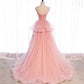 Robe de soirée longue en tulle rose Robe de soirée trapèze 10012