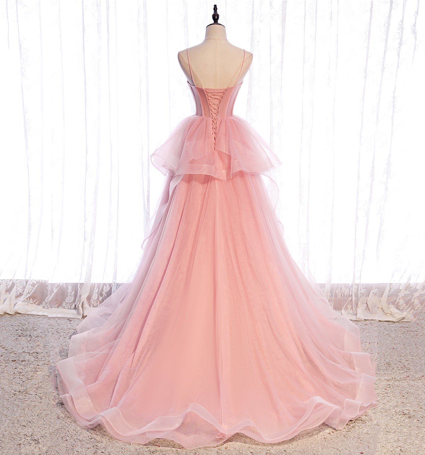 Robe de soirée longue en tulle rose Robe de soirée trapèze 10012