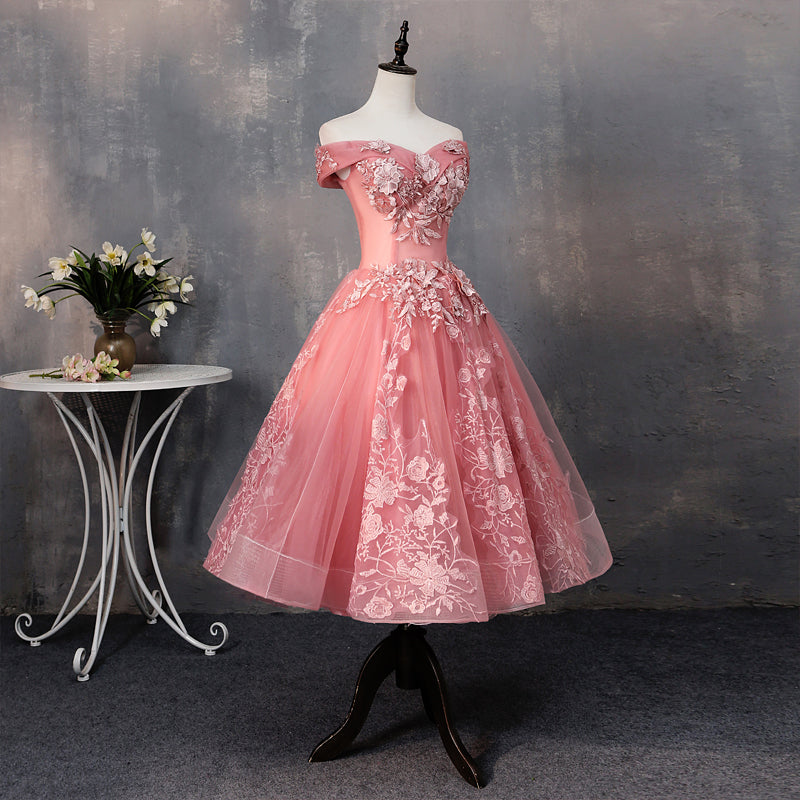 Pinkes kurzes A-Linie Ballkleid Heimkehrkleid aus Spitze 8915