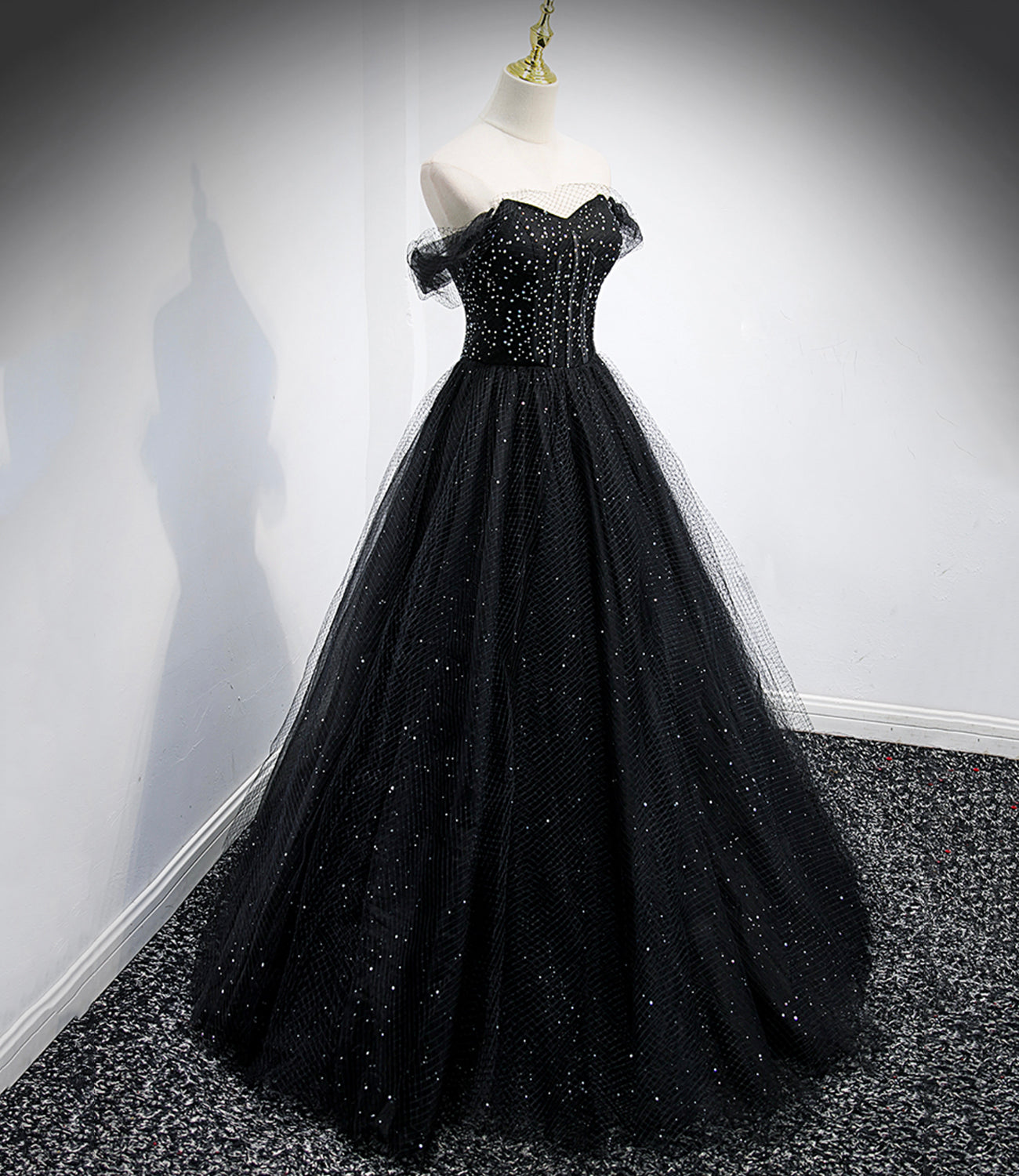 Black tulle long A line prom dress black evening dress  8863