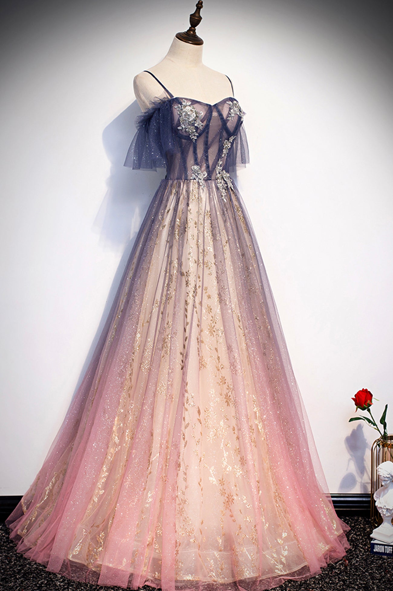 Cute tulle long A line prom dress evening dress  8712