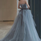 Gray tulle lace long A line prom dress evening dress  8682