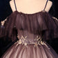 Braunes, zartes, florales Applikationen-Abendkleid in A-Linie und langem Tüll 8721