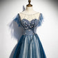 Blue tulle long A line prom dress blue evening dress  8928