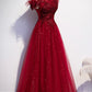 Robe de soirée longue en tulle bordeaux à paillettes 8710