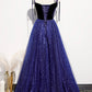 Robe de soirée longue en tulle velours bleu Robe de soirée trapèze 8634